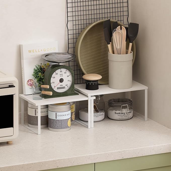 Furinno RAVEL Kitchen Countertop Organizer Set of 2, Counter Shelves, Kitchen Storage, Expandable, Stackable, Spice Rack, for Kitchen, Pantry, Coffee Bar, White