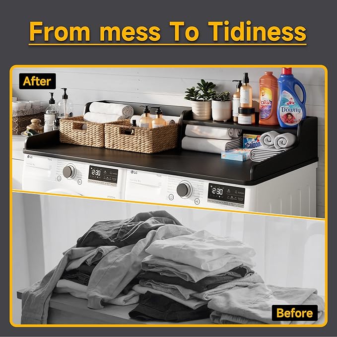 Washer Dryer Countertop, Laundry Wood 2 Tier Shelves Topper with Edge, 54" W x 26.7" D Cover Guard Organizer for Washer and Dryer Laundry Hamper Counter Storage Organization Black