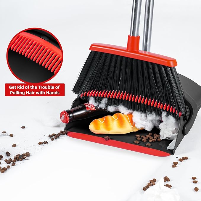 Broom and Dustpan Set for Home,52-in Long Adjustable Handle Angle Broom for Sweeping Indoor Dustpan Teeth to Clean Pet Hair Suitable for Home Kitchen Office