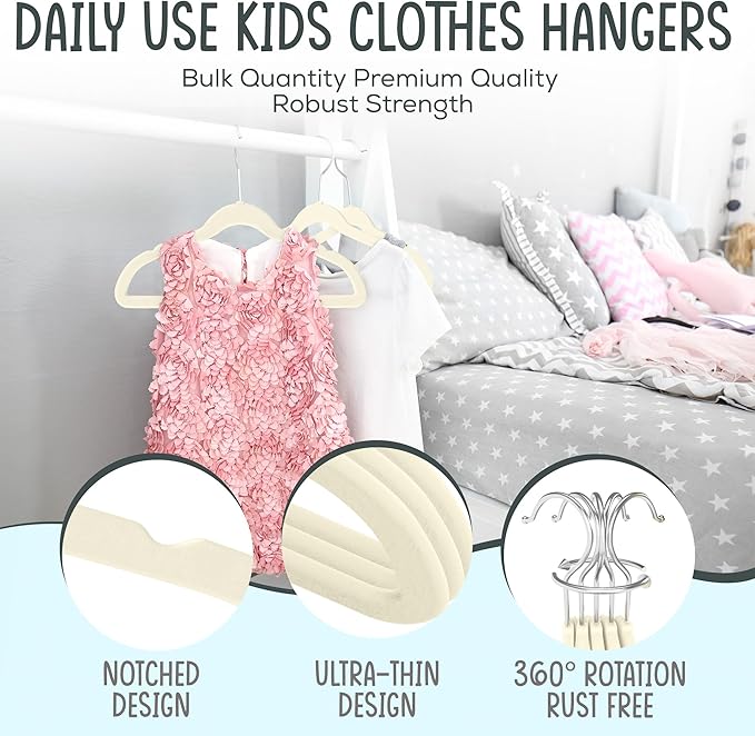 TechZoo 50 Premium Kids Velvet Hangers - 14" Non-Slip Clothes Hangers for Kids & Preteens - Ultra Slim, Space-Saving, Strong & Durable Hangers with 360° Swivel Hook - Ivory