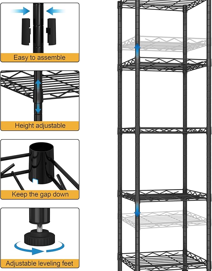 HOMEFORT Storage Shelves, 5-Wire Shelving, Metal Shelving Unit Adjustable Storage Shelves Rack for Kitchen, Pantry, Bathroom, Black, 11.6" W x 11.6" D x 46" H