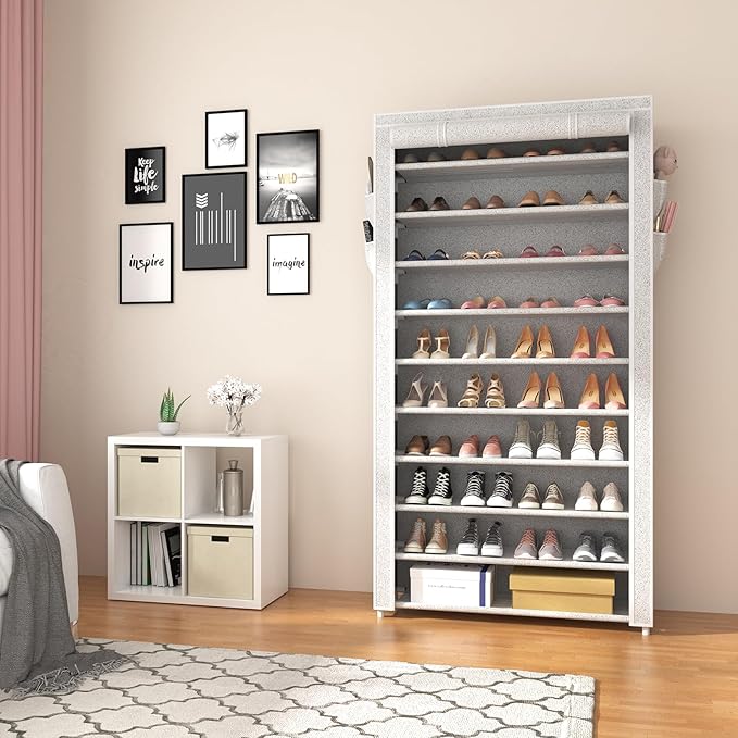 ROJASOP 10 Tier Shoe Rack with Covers Large Capacity Stackable Tall Shoe Shelf Storage for 50-55 Pairs Shoe and Boot, Sturdy Free Standing Shoe Rack Organizer for Closet, Entryway, Bedroom, Printing