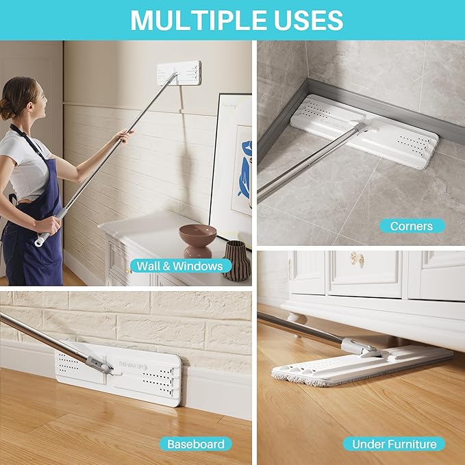 JOYMOOP 8L Large Capacity Flat Mop System with Extension Handle, Ideal for Floor, Window, and Wall Cleaning - Includes 3 Washable Microfiber Pads for Wet and Dry Use