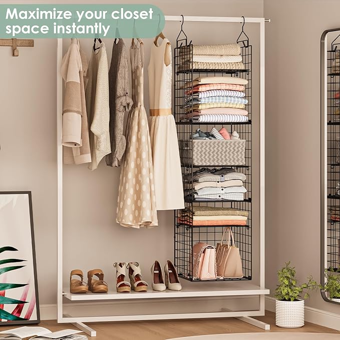 6-Tier Closet Hanging Organizer Shelves, Hanging Closet Organizer and Storage Bin with Adjustable Dividers, Metal & Foldable Closet Hanging Organizers and Storage for Clothes Sweaters Shoes Handbags