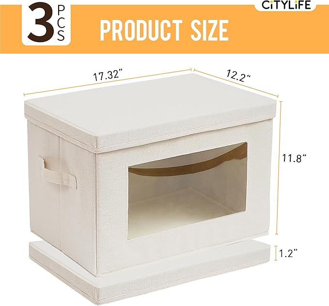 Citylife 3-Pack Storage Bins with Lids, Fabric Foldable Storage Bins with Soft Cord Handles, Canvas Storage Bin with Lid for Organizing Clothes, Blankets and Books, Beige