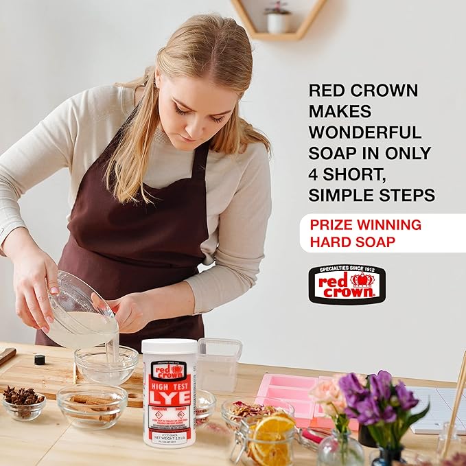 The Boyer Corporation Red Crown Lye for Soap Making, Sodium Hydroxide Pure High Test Food Grade Lye, Caustic Soda, Drain Cleaner and Clog Remover, 3 Pack 2.2 lbs.
