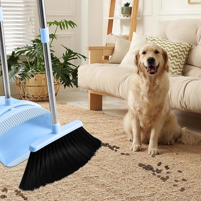 Broom and Dustpan Set House Brooms for Sweeping Indoor Collapsible Broom and Dust Pan Combo for Home Office Kitchen Lobby Floor Pet Hair (Small-Blue)