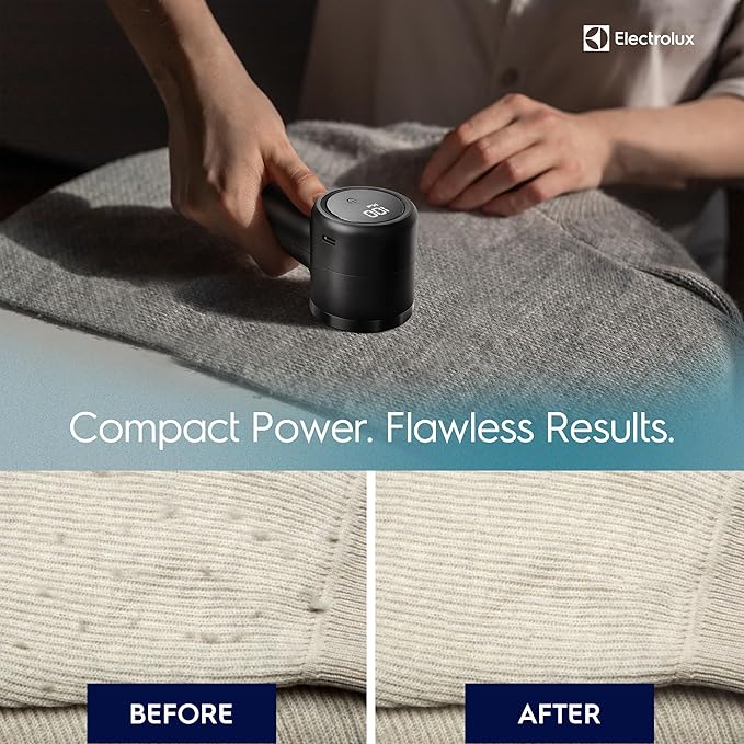 Electrolux Rechargeable Fabric Shaver | Compact Travel Lint Remover for Clothes & Furniture | Eliminates Fuzz & Pilling | 3-Speed Electric Lint Shaver with Type-C Fast Charging Port - Black