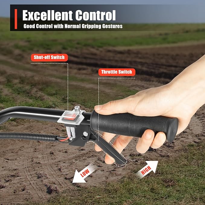 2 Stroke Tiller Cultivator, 52CC 1700W Gas Powered Garden Tiller Single Cylinder Air Cooled Tilling Machine Infinite Speed Regulation Rototiller w/4 Blades&0.22Gal Fuel Tank for Cultivation Ploughing