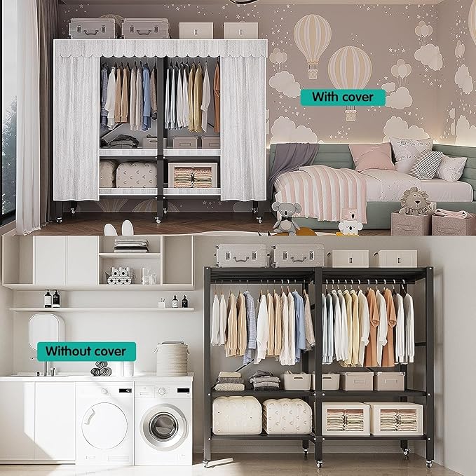 Heavy Duty Portable Closet with Cover Foldable Covered Clothes Rack for Hanging Clothes Armoire Wardrobe Closet System Freestanding Coat Storage Garment Racks (light gray（86.52in）)