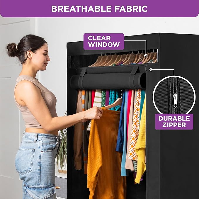 HOLDN’ STORAGE Portable Wardrobe Closet - 50 lb Capacity, Internal Heavy Duty Metal Rod, Zipper & Clear Window, Durable Clothes Organizer, Tool-Free Easy Assembly, Black Canvas Cover