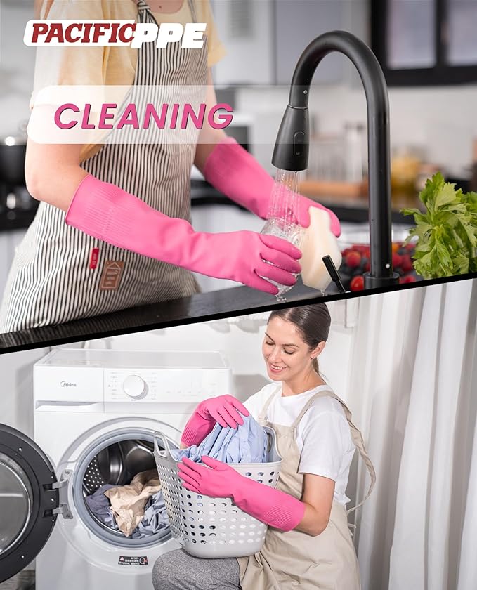 PACIFIC 2 Pairs Reusable Rubber Gloves for Washing Dishes and Cleaning Tasks, Water Resistant Household Gloves for Kitchen Bathroom, Grippy Latex Dish Washing, Pink, Small