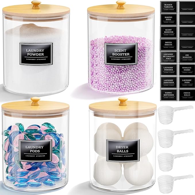 HomePekite 4 Pack Glass Laundry Pods Container, Clear Laundry Room Organization Containers with Lids & Labels, Powder Laundry Detergent Container for Scent Booster, Powder