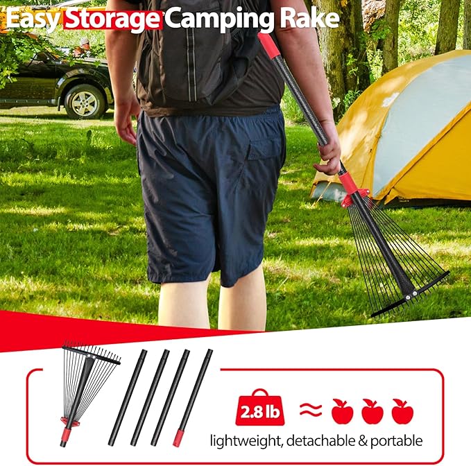 Rake for Leaves, Adjustable Garden Leaf Rakes for Lawns Heavy Duty, Metal Rake with 18 Clog-Free Tines, 9”-17” Collapsible Head, 6 ft Long Handle, Yard Tools for Gardening Camping Fast Cleanup