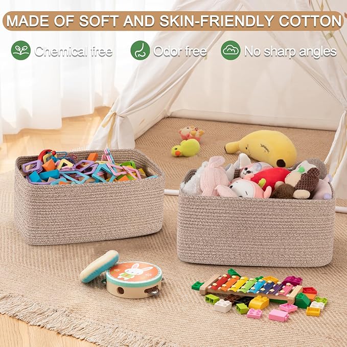Large Storage Basket for Organizing, Woven Rope Basket for Shelves, Closet Organizer Bins for Clothes, Blanket, Toys, Baby Nursery Storage, 17.7" x 13" x 7.87", 2 Packs Brown