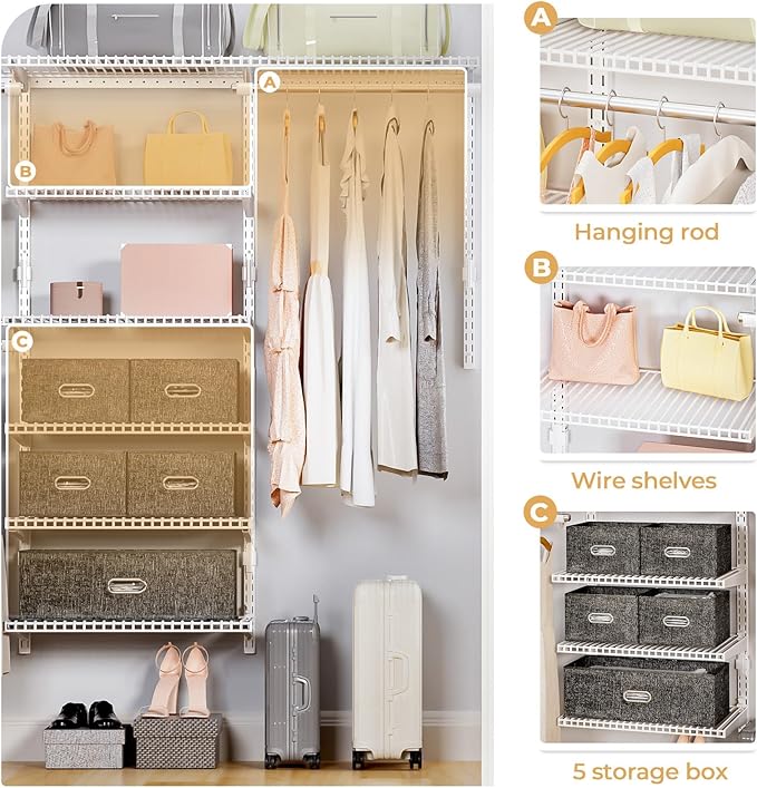 Wire Closet Organizer System, Wall Mounted 8.7 Ft. Custom Closet Kit for Bedrooms Laundry Mudroom Garage Basement, Adjustable Storage Shelves for Clothes Shoes Handbags