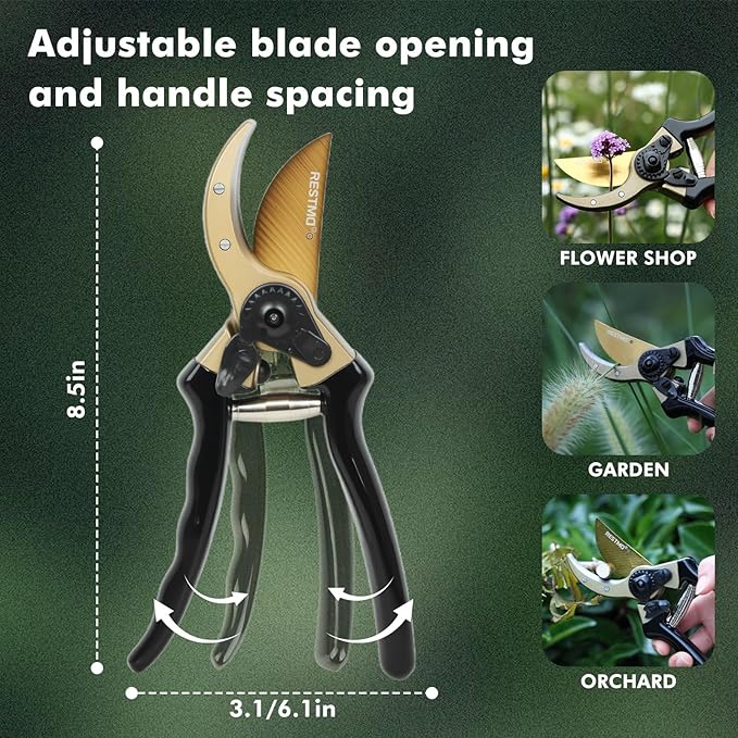 RESTMO 8.6" Professional Pruning Shears, Premium Titanium SKS5 Steel Blade for Long-Lasting Sharpness, Forged Aluminum Handles for Durability, Bypass Pruners for Gardening, Clippers & Scissor Tool