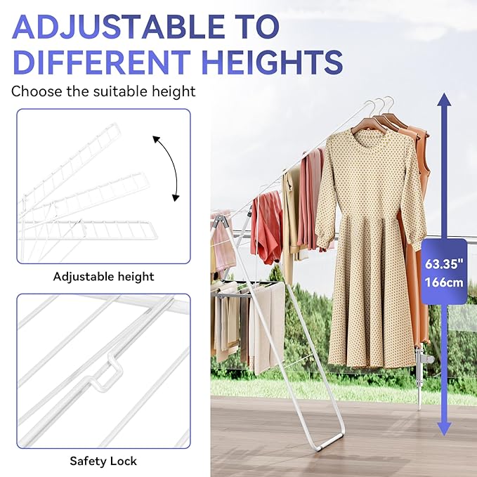 APEXCHASER Clothes Drying Rack, Foldable Oversized Drying Rack Clothing with U-Shaped Foot Cover, Height-Adjustable, Multi-Bar Laundry Rack, Indoor Outdoor Use, 20.47"D x 70"W x 42.52"H, Pearl White