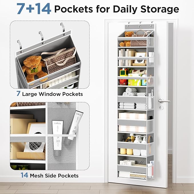 Mefirt Over The Door Organizer, 7 Tier Door Hanging Organizers with 7 Large Pockets 12 Side Pockets, Behind Door Storage Hanging Shelves for Closet Bathroom Bedroom Nursery