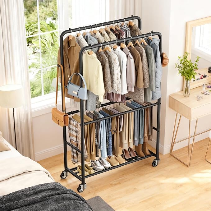 Clothes Racks for Hanging Clothes, Rolling Clothing Rack with Pants Rack, Side Hooks & Shoe Shelf, Portable Garment Rack for Bedroom, Laundry Room, Clothing Store, Closet, Black