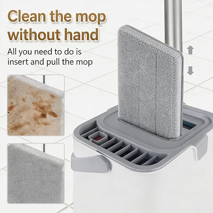 Mop and Bucket Set, Flat Mop and Bucket System with Wringer, Automatic Separates Dirty and Clean Water Include 6 Reusable Microfiber Mops for Floor Cleaning