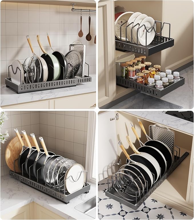 Pull Out Pots and Pans Organizer Under Cabinet, Expandable Sliding Lid Holder and Pan Rack for Kitchen, Slide Out Inside Cabinet for Pot Lid, Bakeware, Dishes, 10 Adjustable Dividers, 2 Pack Black