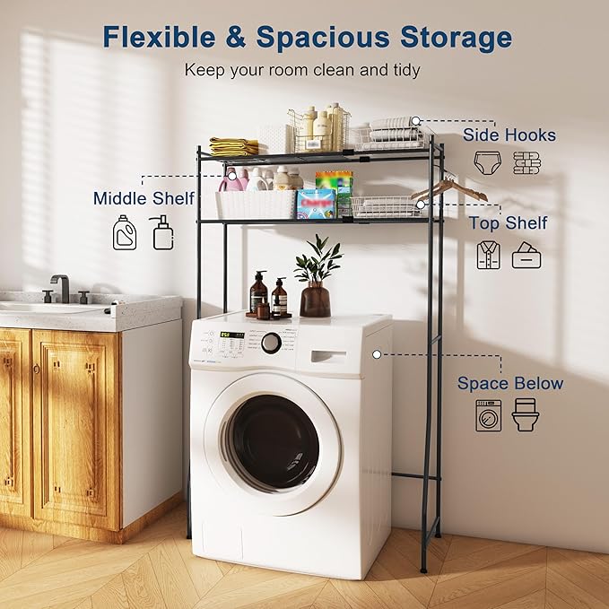 Laundry Room Storage Shelf & Organizer, 2 Tier Metal Over Washer and Dryer Shelves, Washing Machine Shelf with Hanger Rod, Expandable Bathroom Space Saver Shelf, 26–37" L x 15.8" W x 59.5" H, Black