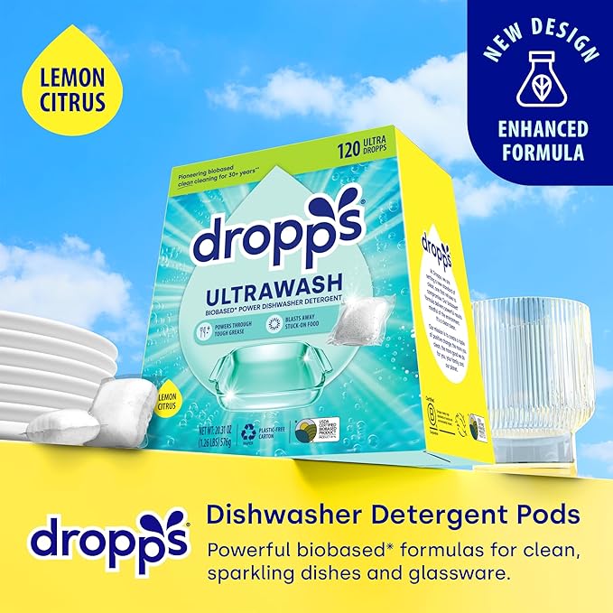 Dropps UltraWash Dishwasher Detergent Pods, Lemon Citrus (120 Ct) - Cuts Grease & Stuck-On Food | Sparkling Dishes & Glasses | Residue-Free | Clean Ingredients | No Pre-Rinse | Plastic Free Packaging