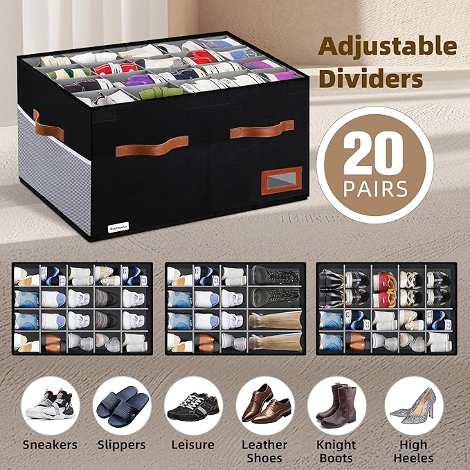 Supowin Shoe Organizer for Closet, Foldable Shoe Storage Bins with Lid & Adjustable Dividers, Fabric Shoe Box Storage Containers with Four Reinforced Handles, Fits 20 Pairs, 1 Pack, Black