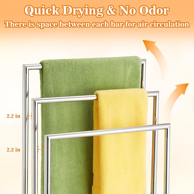 Free Standing Towel Racks for Bathroom, 3 Tier Stainless Steel Bathroom Towel Rack, Towel Drying Rack Stand for Outdoor Poolside, Blanket Holder, Chrome, DECLUTTR