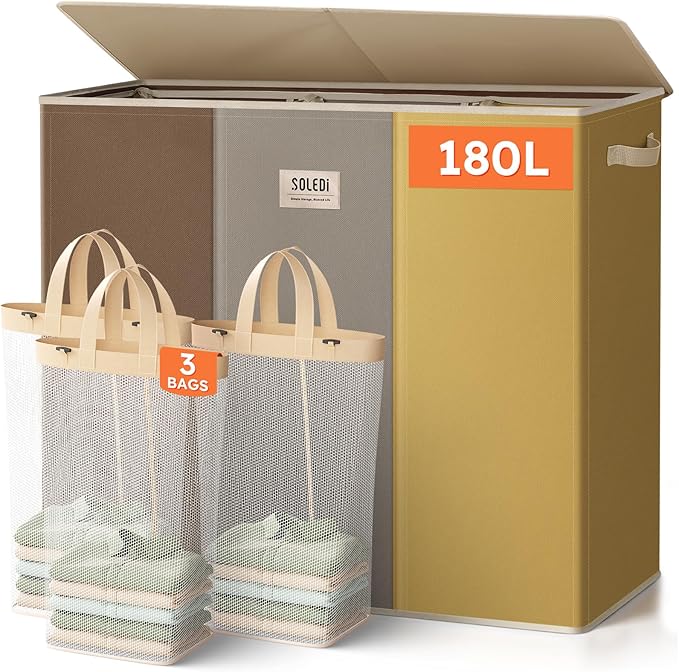 SOLEDI 180L 3-Section Laundry Hamper with Lid, Extra Large Dirty Clothes Basket with Sturdy Handles for Laundry Room & Bedroom - Durable Organizer for Sorting Laundry