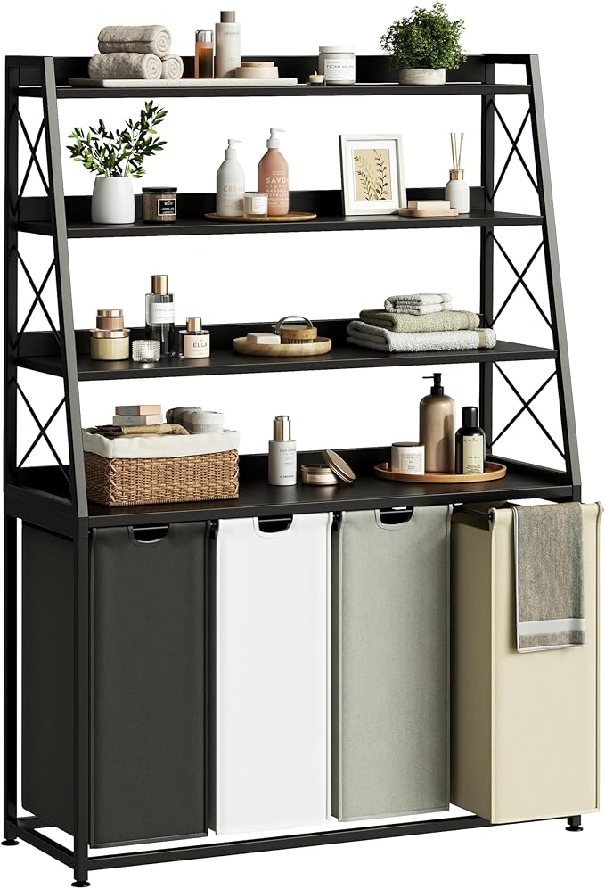 Herture Laundry Basket, 4 Section Laundry Hamper with 4 Tiers Shelf, Pull-Out and Removable Laundry Bags, Large 4 x 15.87 Gallons, for Laundry Room Bathroom Black PF12XLK