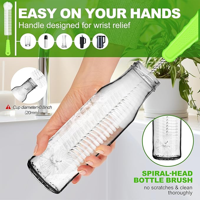 Bottle Brush Cleaner Set of 3, 14 in Long Handle Water Bottle & Straw Cleaner Brushes for Washing Tumblers, Baby Bottles, Cup Lid Cleaning Brush