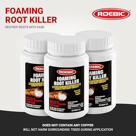Roebic FRK Foaming Tree Root Killer, Chemical Septic System, Drain Field and Sewer Line Pipe Clog Remover and Root Destroyer, Safe for Bathroom Toilet, White Granules, 1 lb (Pack of 3)