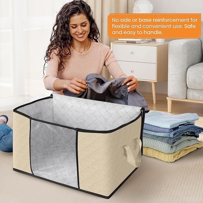Fab totes 8 Pack Clothes Storage, Foldable Thick Fabric Blanket Storage Bags, Containers for Organizing Bedroom, Closet, Clothing, Comforter, Organization with Handle,Beige