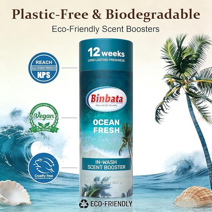Binbata Eco‑Friendly Scent Beads Laundry 30oz, Gentle In‑Wash Scent Booster Beads with Plastic Free Recyclable Package, Up to 85 Washing Cycles for 12 week Long-Lasting Freshness, Ocean Fresh Scent