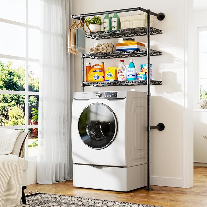ULIFHOME U17 Wall-Mounted Over Washer and Dryer Storage Shelves, Without Moving Washer or Dryer Laundry Room Storage Rack with Hanger Rod, 35" W x 22" D x 86.2" H, Holds 352 lbs, Black
