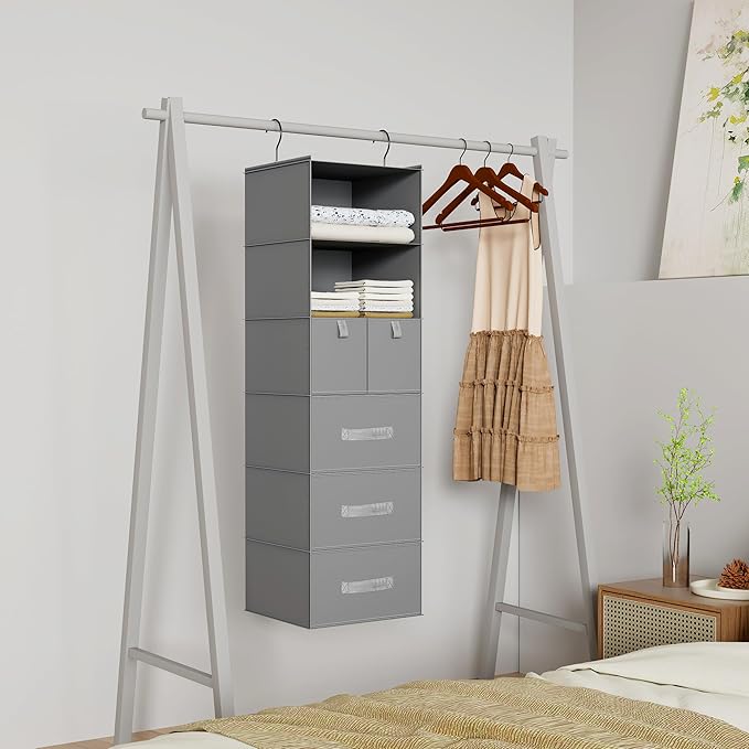 6-Shelves Hanging Closet Organizer with 5 Different Drawers, Foldable Closet Organizers and Storage for Wardrobe, Closet& RV, Clothes and Accessories Storage, Non-Woven Fabric, Gray