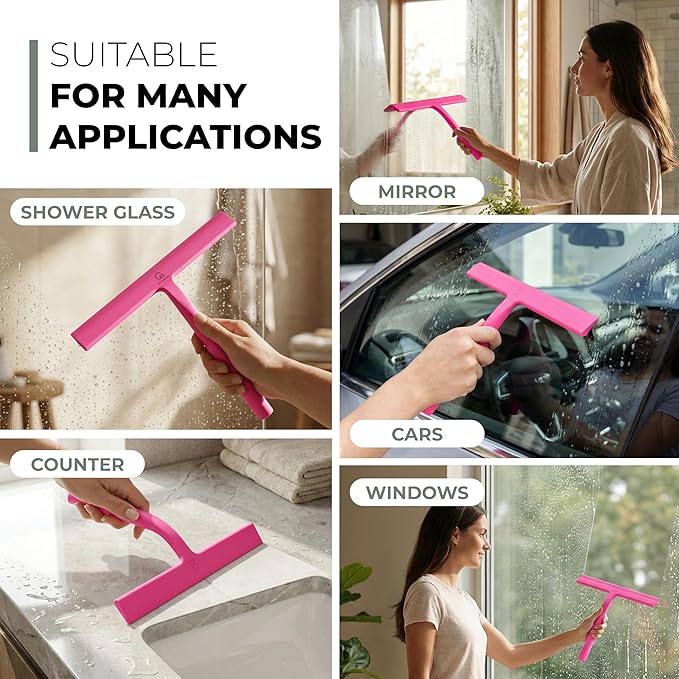 GÜTEWERK Silicone Shower Squeegee for Glass Doors & Mirrors with Stainless Steel Core, Streak-Free & No-Squeak Window Cleaning, 3-in-1 No-Drill Mount (Hook/Suction/Adhesive),Pink, 11 Inches