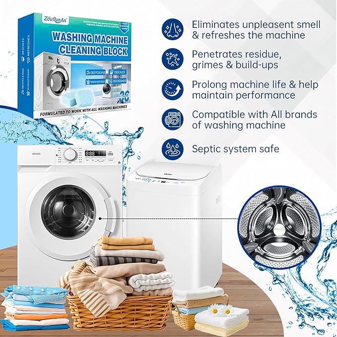 36 Pack Washing Machine Cleaner Descaler Tablets-18 Months Supply, Deep Cleaning Descaler for Front & Top Load Washers, Deodorizer, Mold & Limescale, Septic Safe, Compatible with All Brands