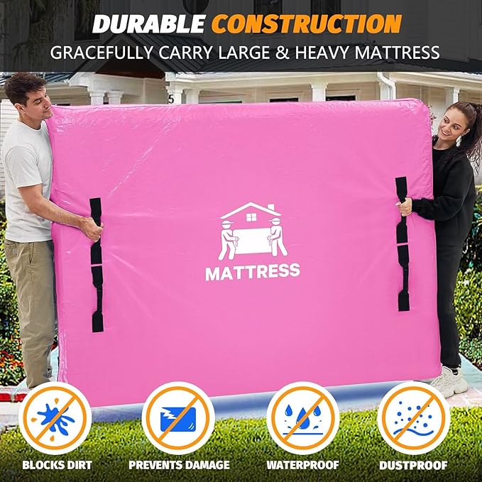 Mattress Bags for Moving, BETU Mattress Protector Waterproof Mattress Cover Full Size Storage Bags with 8 Heavy-Duty Handles and Zipper for Bed Extra Thick Large Reusable (77"x57"x15" Pink)