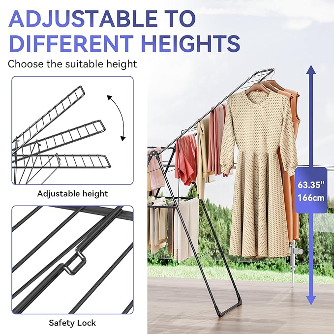 APEXCHASER Clothes Drying Rack, Foldable Oversized Drying Rack Clothing with L-Shaped Foot Cover, Height-Adjustable, Multi-Bar Laundry Rack, Indoor Outdoor Use, 20.4" D x 70" W x 42.52" H, Jet Black