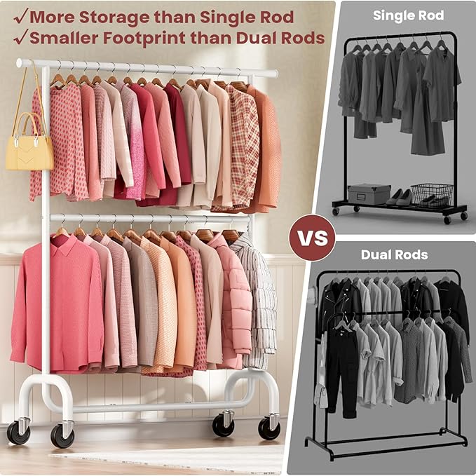 Heavy Duty Clothes Rack, 78.35" Rolling Clothing Rack for Hanging Clothes with Lockable Wheels, 6-Level Adjustable Double Rod Garment Rack for Bedroom, Laundry, Clothing Store, White