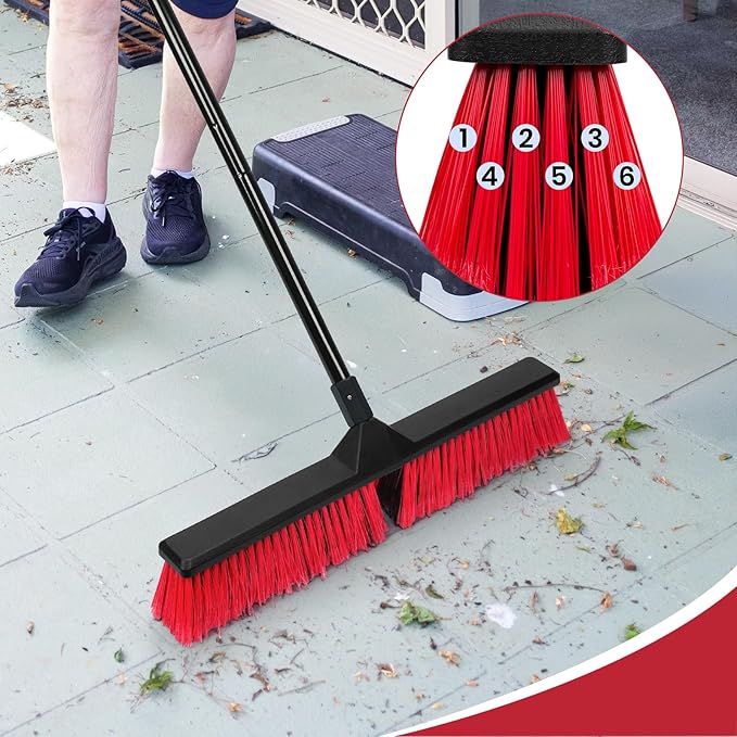 2PK 24" Push Broom Outdoor with 63" Long Handle and Stiff Bristles, Heavy Duty Outdoor Broom Brush for Workshop, Garage, Concrete, Patio and Deck Floor Sweeping