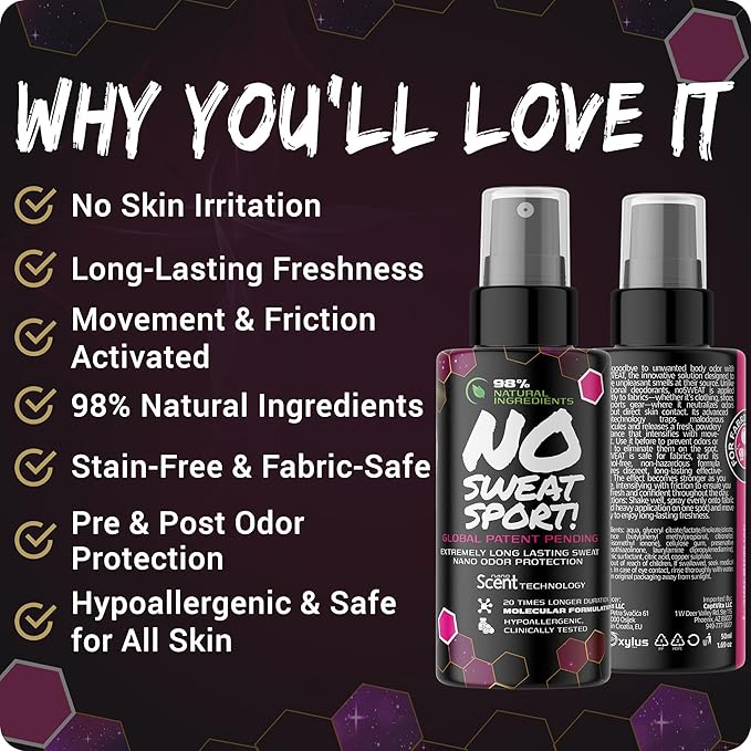 NO SWEAT! SPORT Fabric Odor Neutralizer for Athletic Clothes & Shoes – Movement-Activated Odor Control for Workouts, Gym & Sports | Alcohol-Free, Fabric Safe, 98% Natural Ingredients (50 mL)