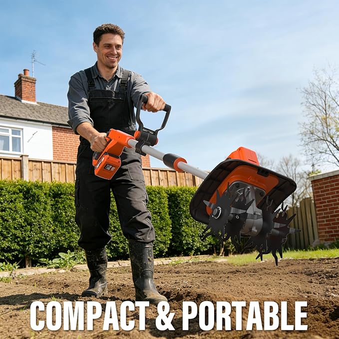 MAXLANDER 20V Cordless Tiller Cultivator, 9-Inch Electric Garden Tiller with 48 Steel Tines, 360RPM Battery Powered Rototiller for Gardening,2 x 3.0Ah Battery and Charger Included