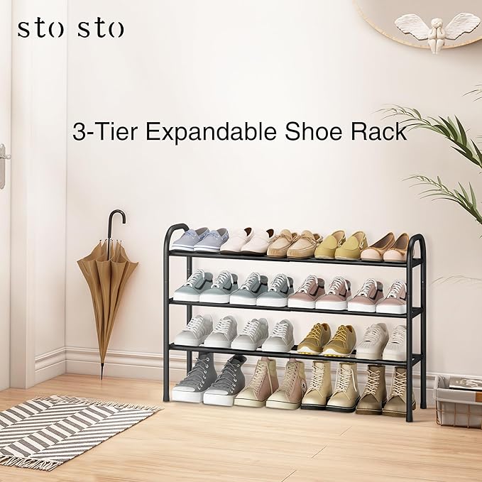 STO STO Expandable Shoe Rack, 3-Tier Metal Small Shoe Rack for Closet, Up to 16 Pairs Adjustable Shoes Racks Storage for Front Door Entrance, Free Standing Shoes Rack Organizer for Entryway, Black