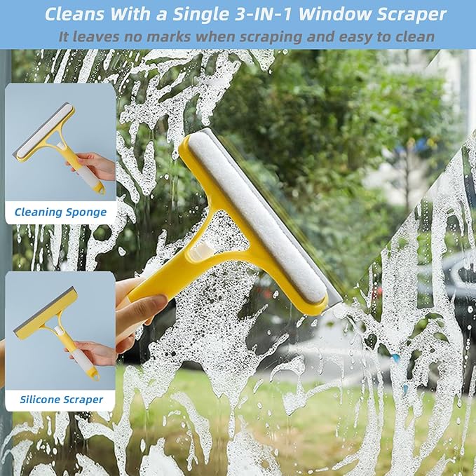 3 in 1 Window Squeegee, Cleaning Scraper with Scrubber Sponge Sprayer Clean Kit for Glass, Tile Walls, Shower Door, Car, Bathroom (Yellow)