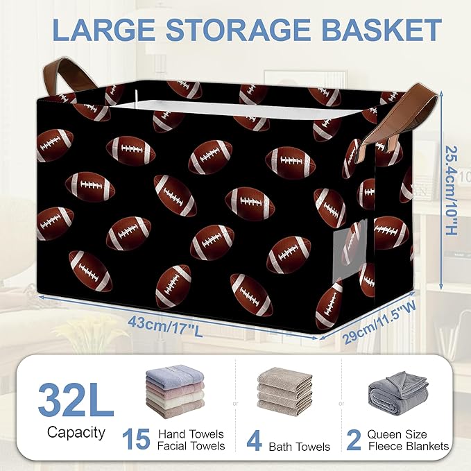 American Football Collapsible Storage Box,Organizer Bin with Handles for Room Decoration,Bins Book Basket Box 17x11.5x10Inch
