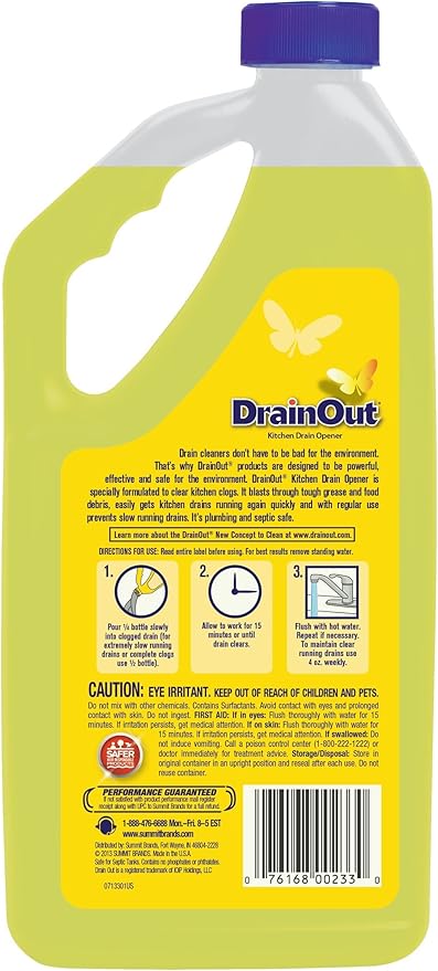 Drain OUT Kitchen Drain Opener and Drain Cleaner, Food and Grease Remover, Fresh Citrus - 32 Ounce